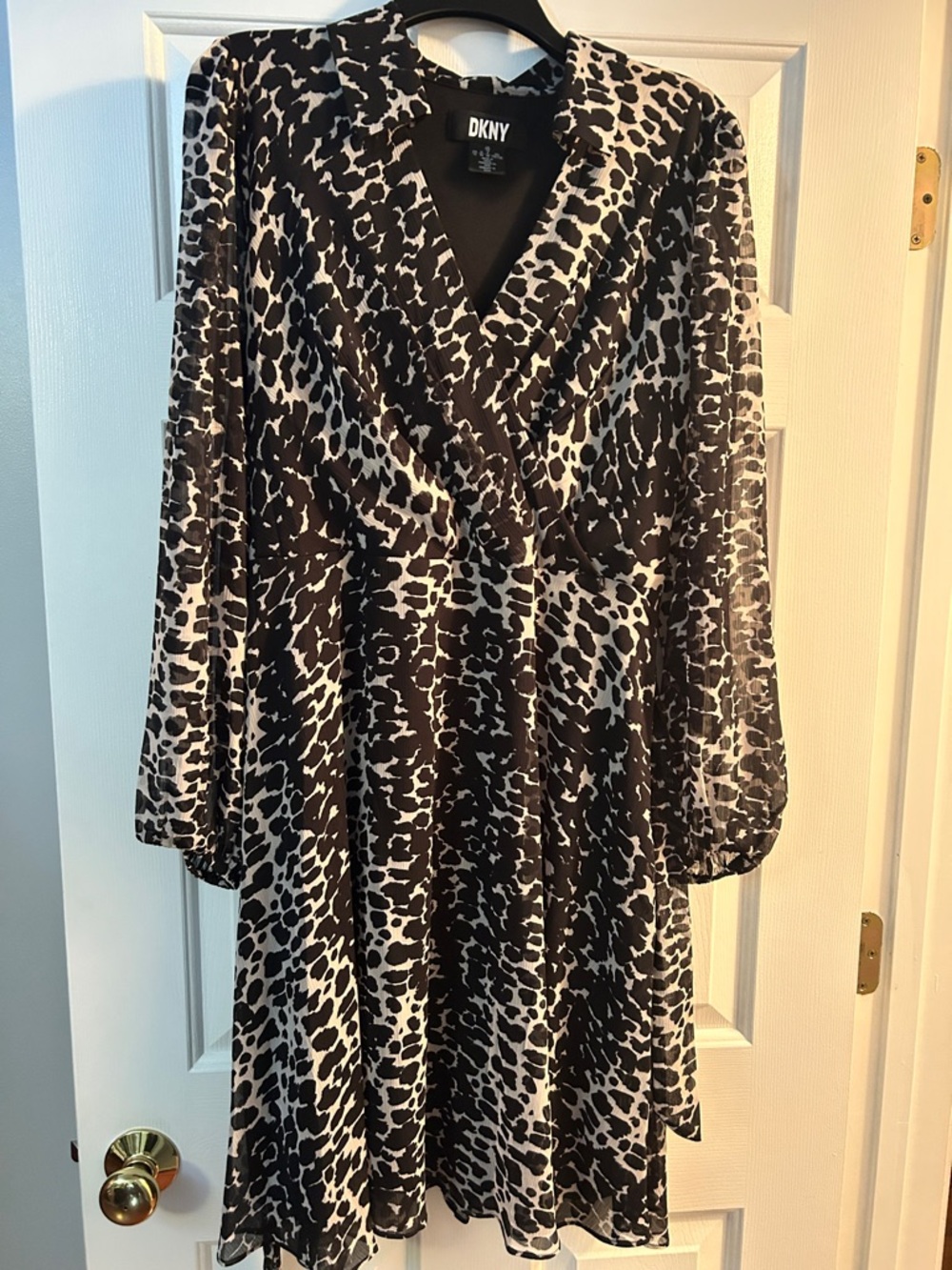 DKNY Black and White Animal Print Long Sleeve Dress